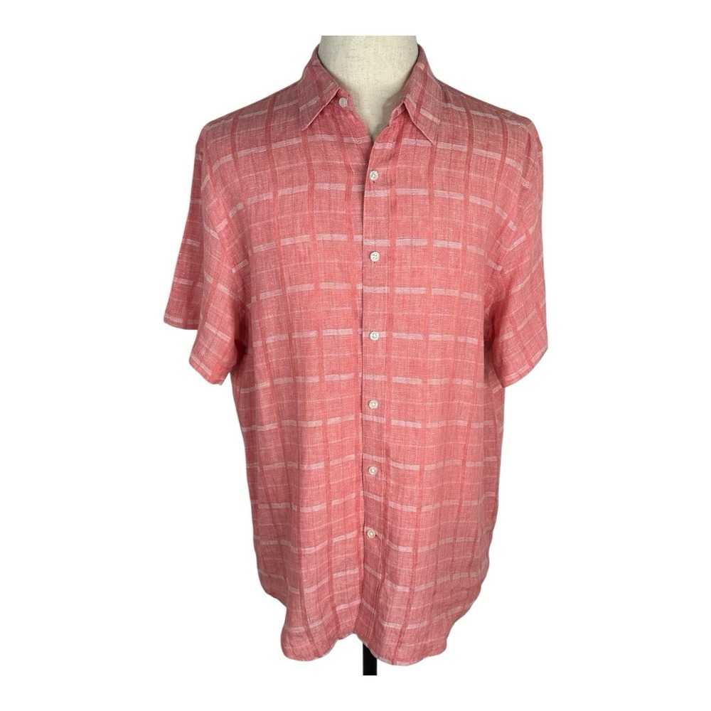 PERRY ELLIS Men Linen Blend Short Sleeve Pink Red Plaid‎ Shirt XL